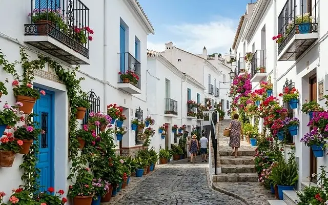 Una calle con macetas en Frigiliana
